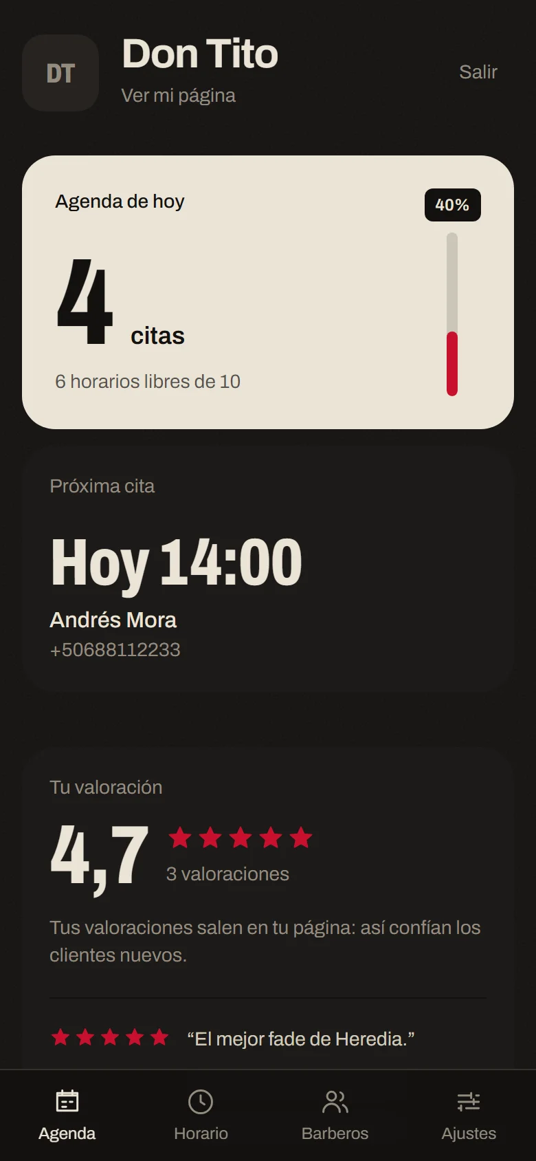 Agenda del barbero en el celular: citas de hoy, ocupación, próxima cita y valoraciones.