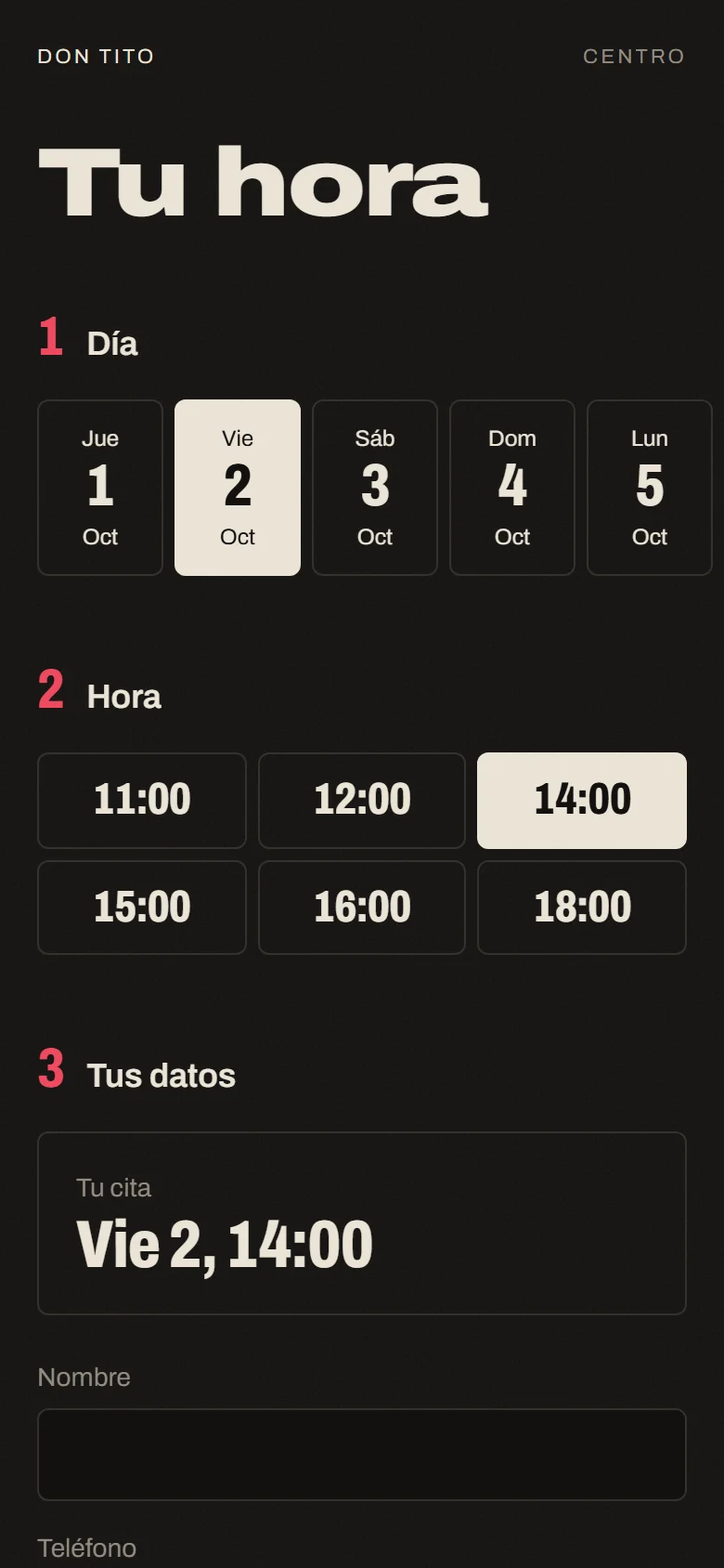 Página de reserva en el celular: el cliente elige día y hora con su barbero.